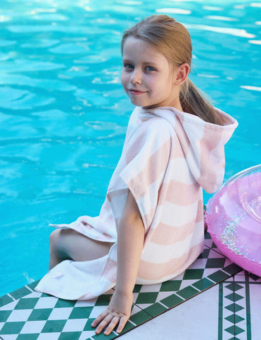 TBEZY pink striped poncho towel front view showing cozy outer plush and absorbent inner layer