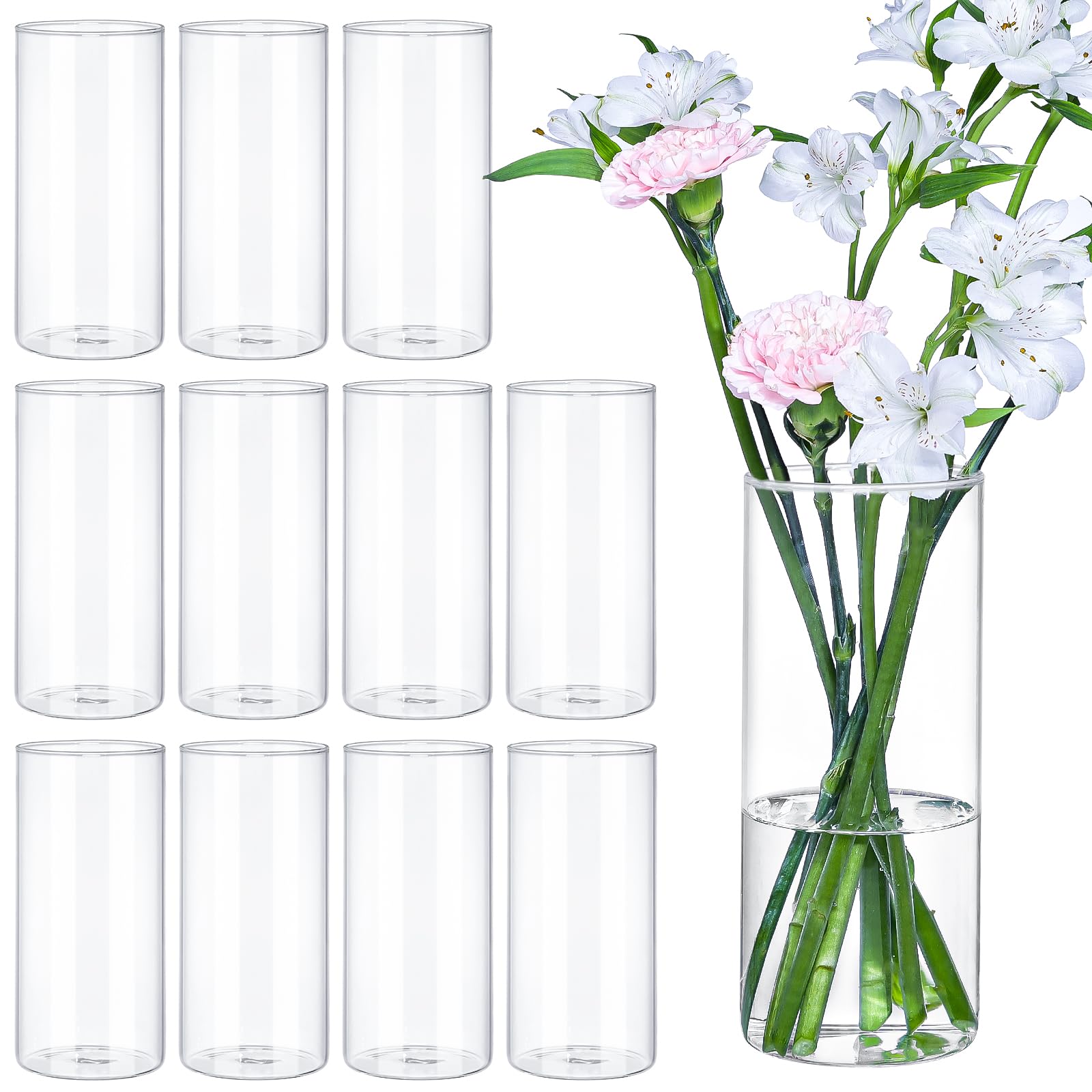 TBWIND 12Pcs glass cylinder vases for stunning 8-inch centerpieces and table decor