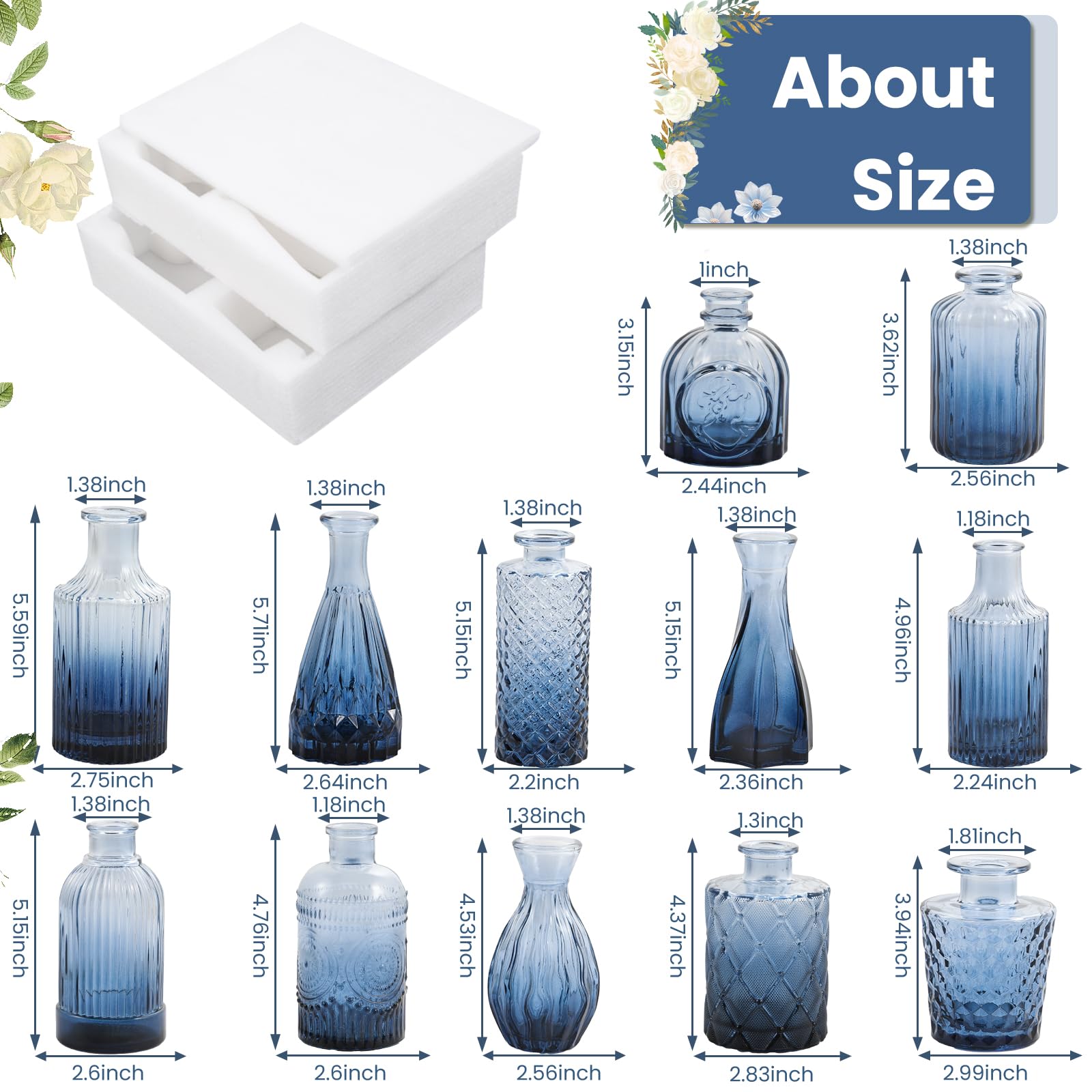 TBWIND blue glass bud vase with etched patterns for minimalist displays