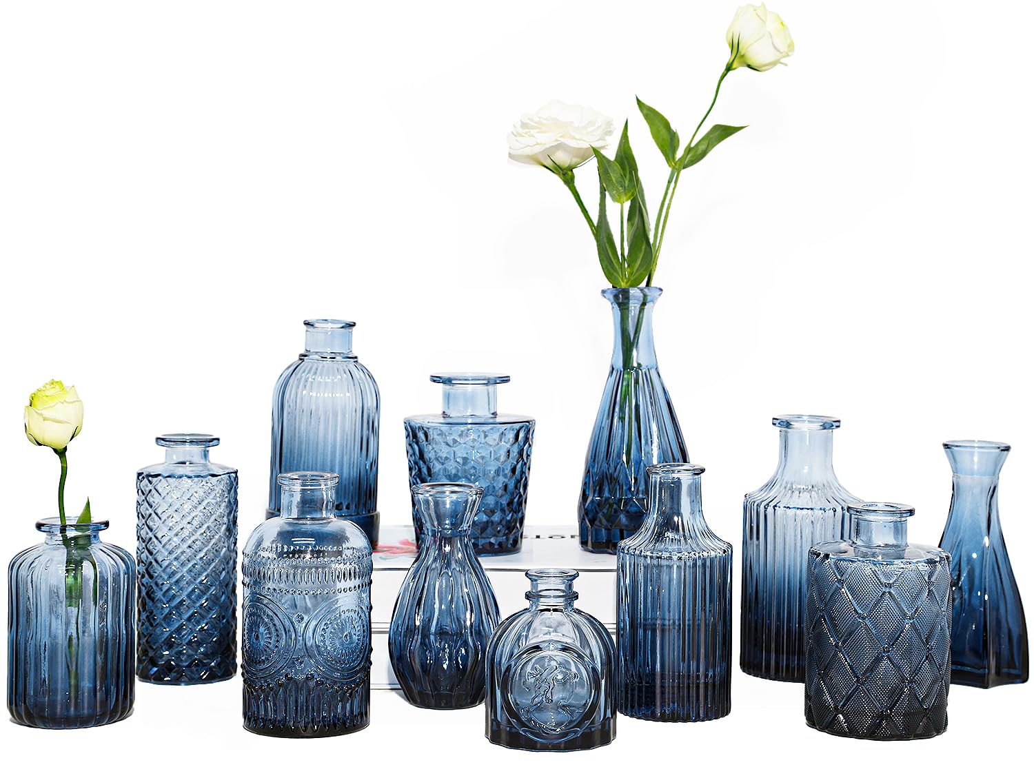 TBWIND blue glass bud vase set with etched patterns for elegant centerpieces