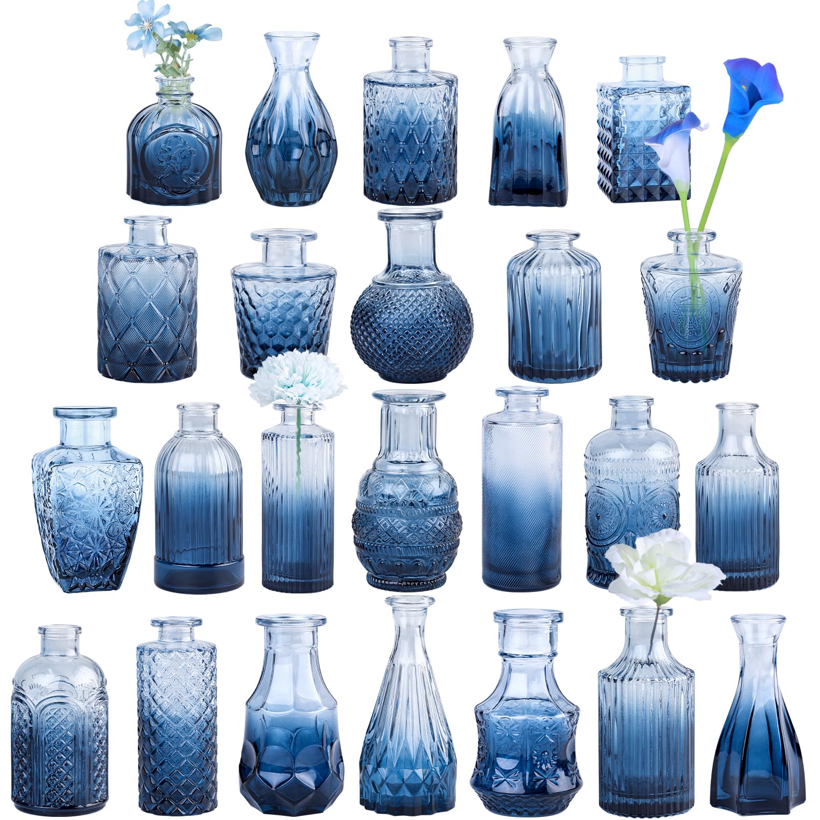 TBWIND blue glass bud vase set with six etched designs for elegant centerpieces.