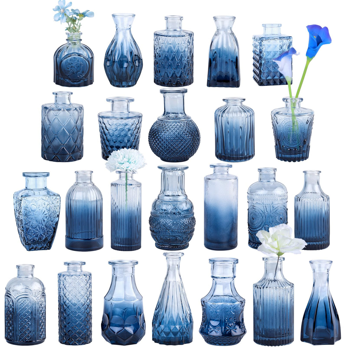 TBWIND blue glass bud vase set with six etched designs for elegant centerpieces.