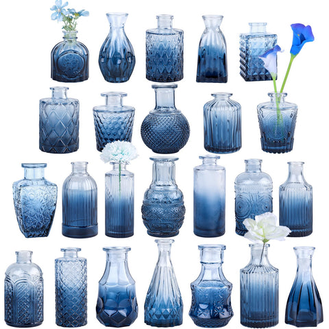 TBWIND blue glass bud vase set with six etched designs for elegant centerpieces.
