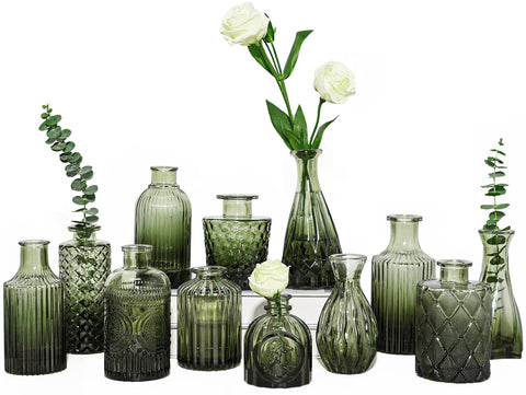 TBWIND green glass bud vase set features 12 pieces for versatile centerpieces.