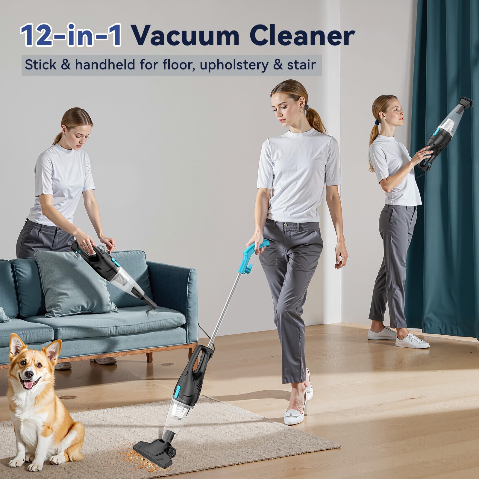TC-JUNESUN included floor brush and crevice tool for various surfaces.