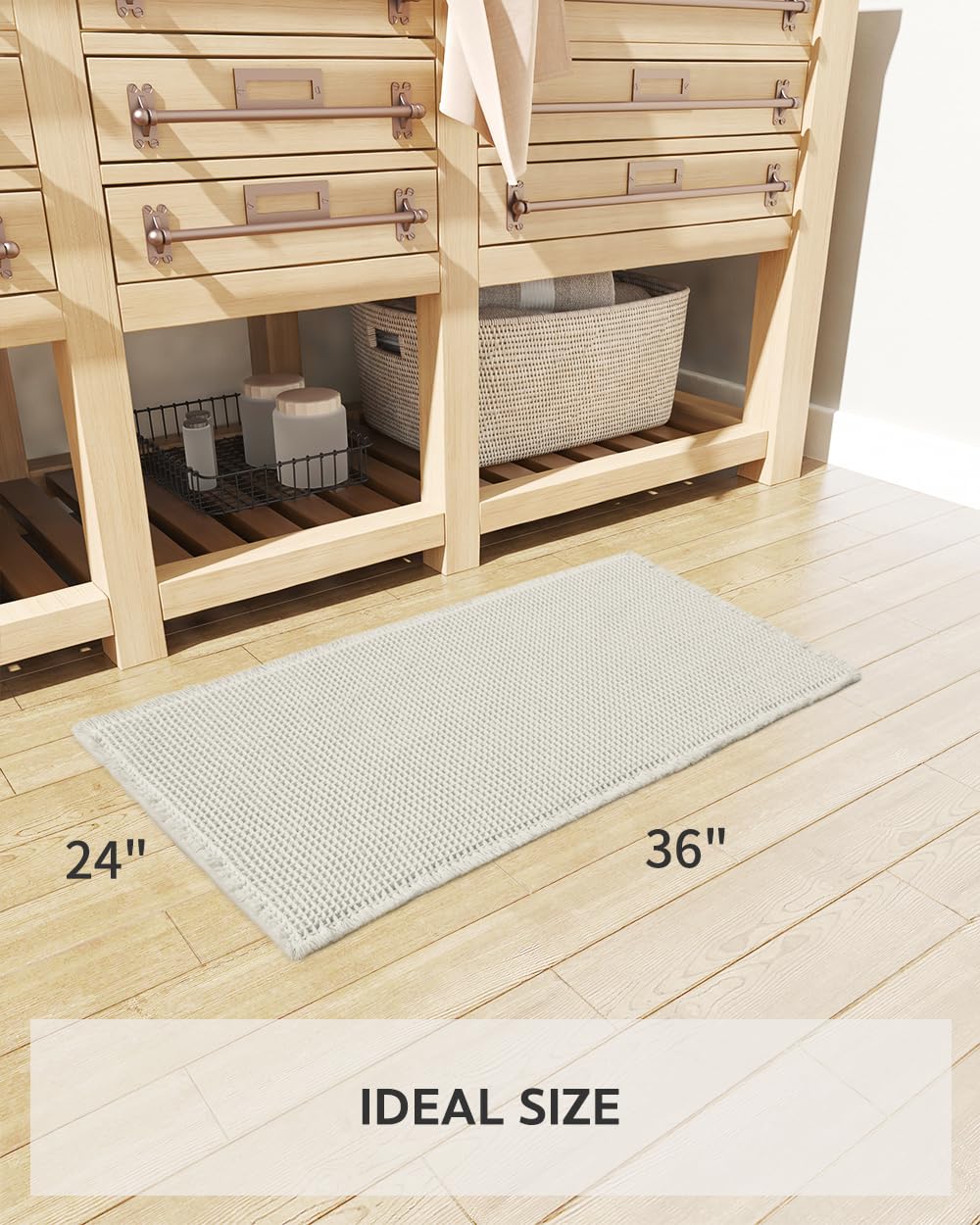 Tchdio waffle bath mat beside tub in a tidy bathroom setup.