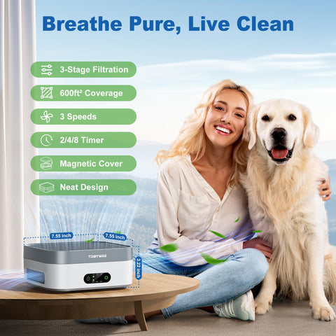 TDBYWAE air purifier 600 ft² coverage suits living rooms and offices.