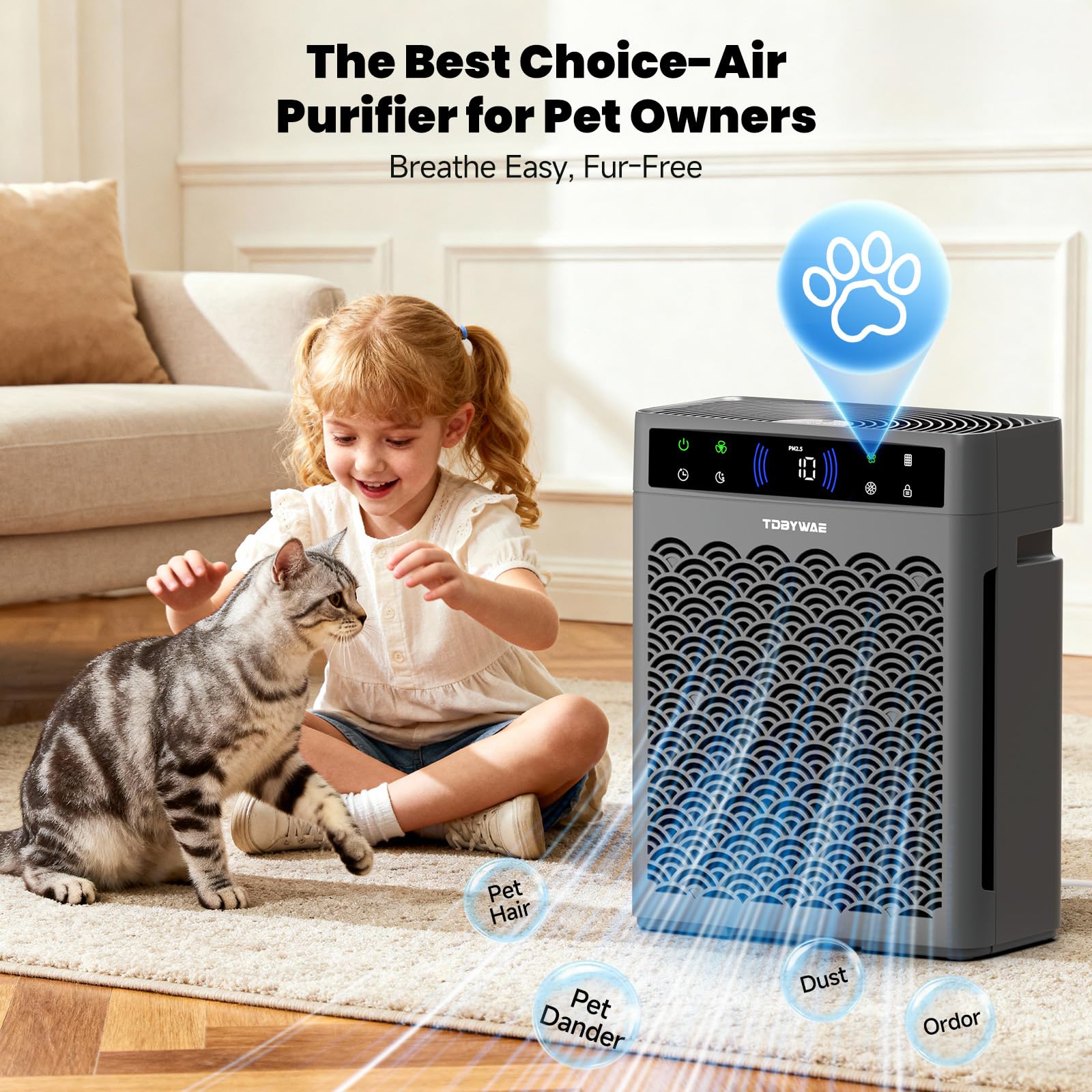 TDBYWAE purifier with smart monitor display illustrating real-time air quality
