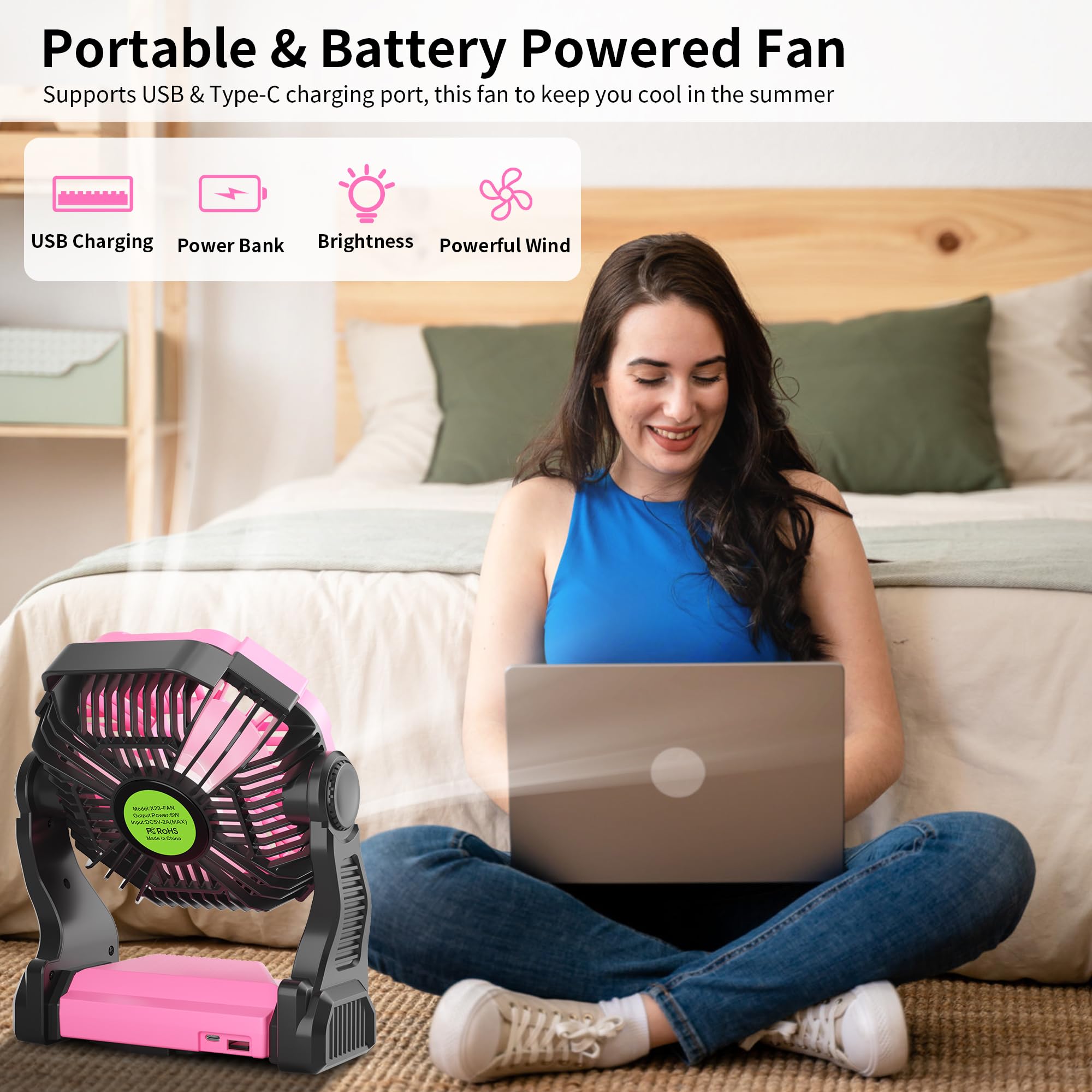 TDLOL portable pink fan with LED light on for night visibility
