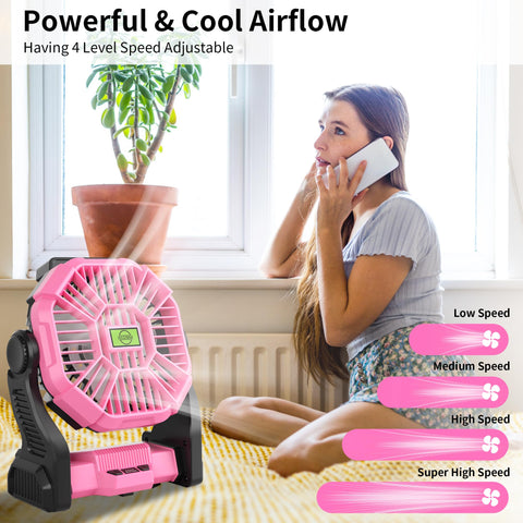 TDLOL portable fan hanging inside a tent during camping