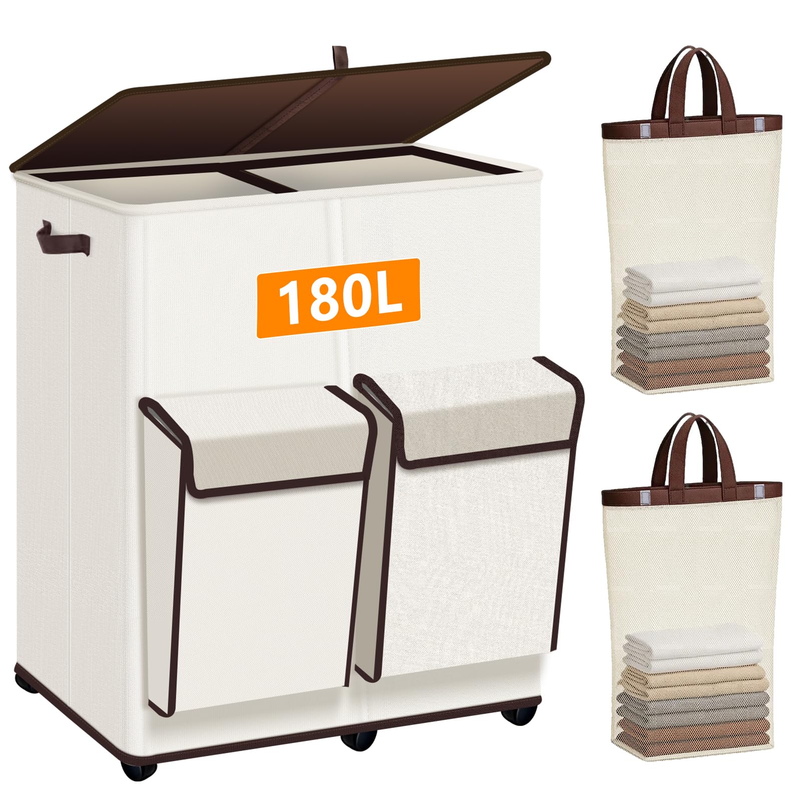 TDMCKRSHWAY 180L dual laundry hamper with lid and wheels for easy transport.