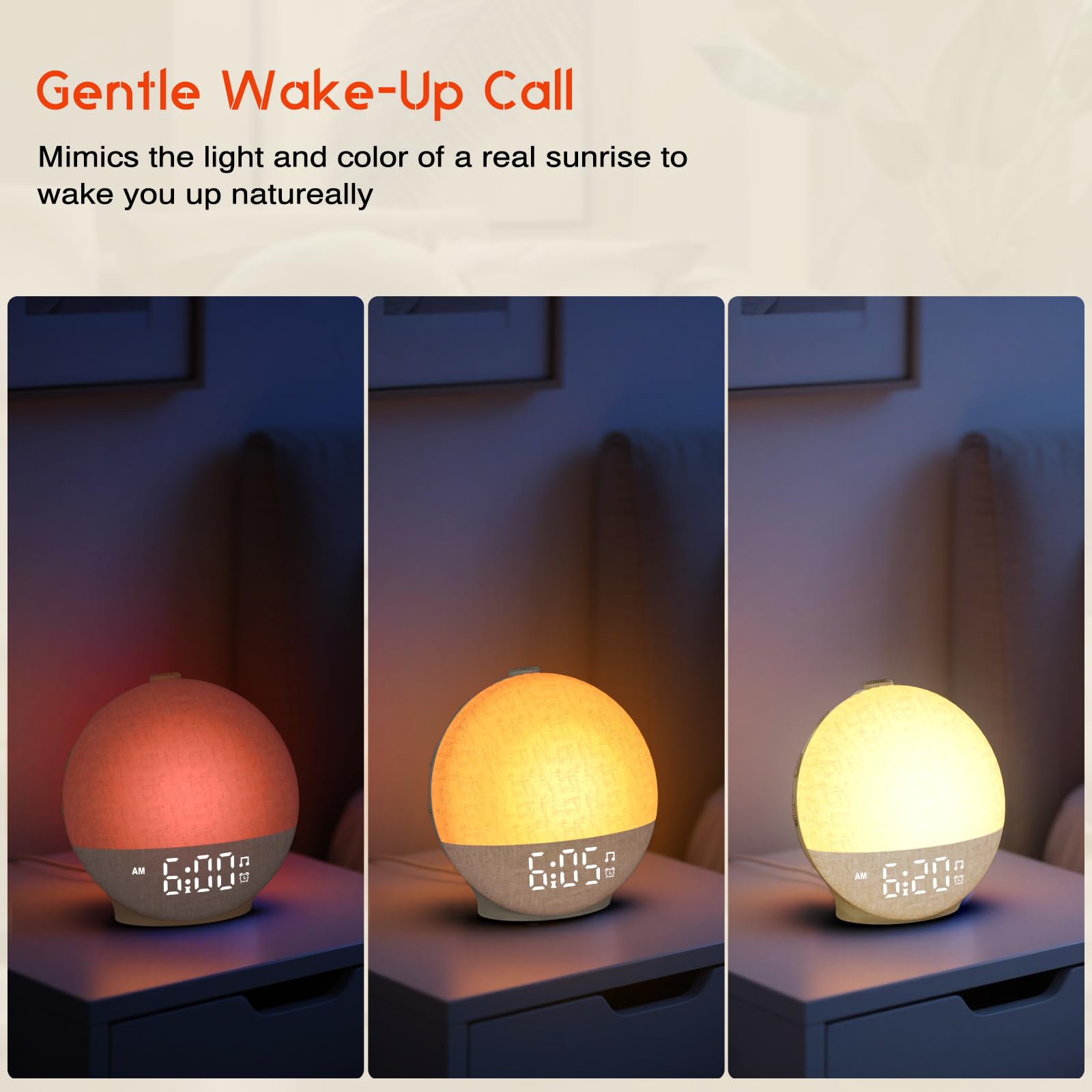 Te-Rich Sunrise Alarm Clock sunset mode creates a calming evening ambiance