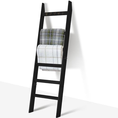 TEAKMAMA 6-tier blanket ladder in living room displaying throws for cozy storage