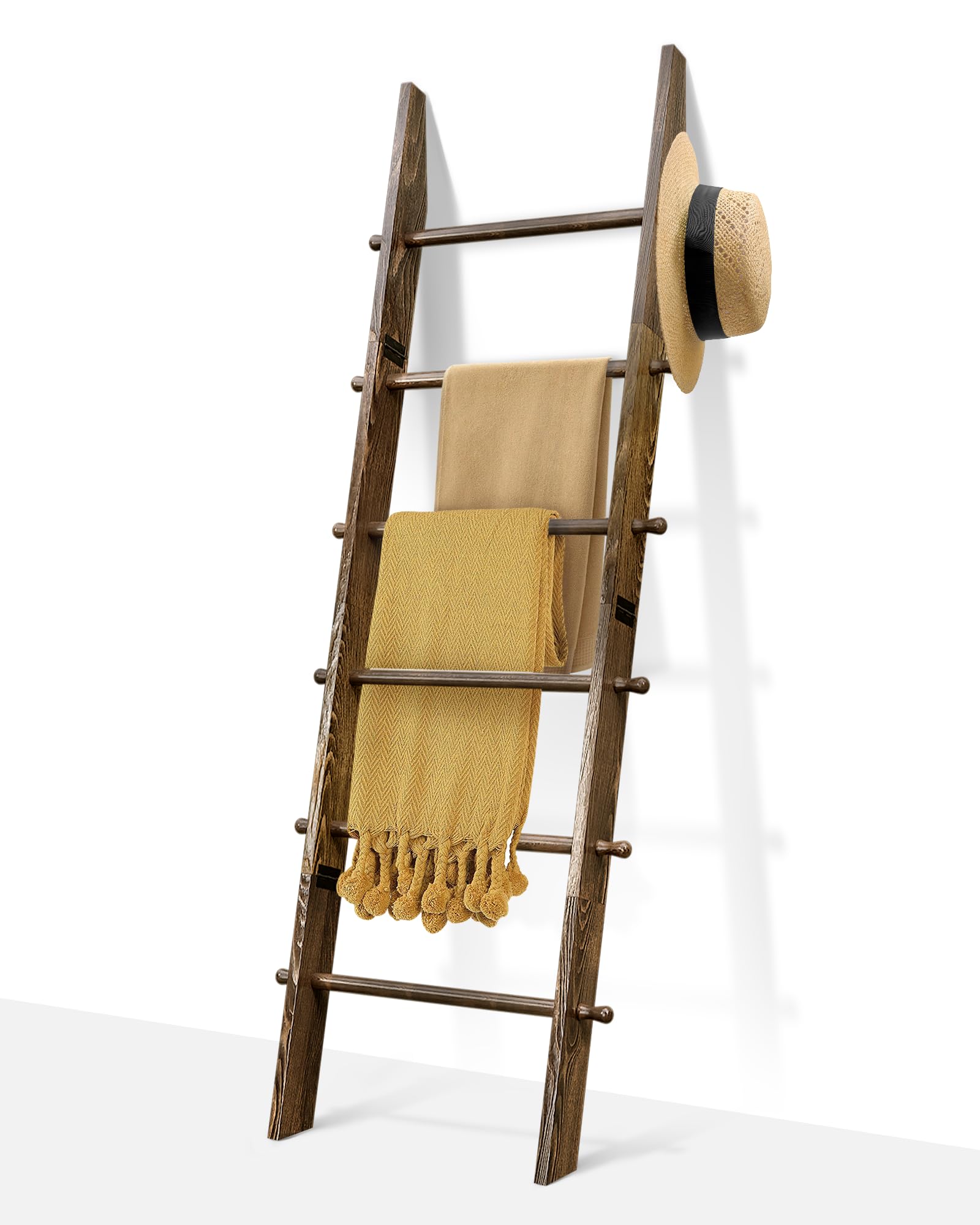 TEAKMAMA 6-tier blanket ladder wall-leaning for organized quilts and throws.