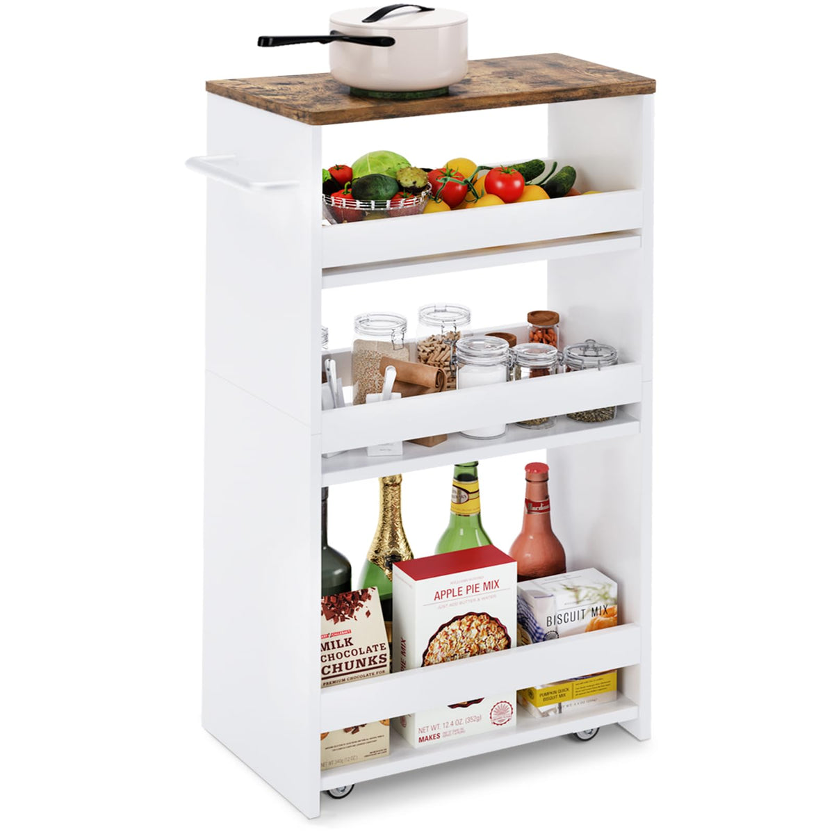 TEAMIX 4-tier white slim cart with handle, front view, ideal for compact storage in small spaces.