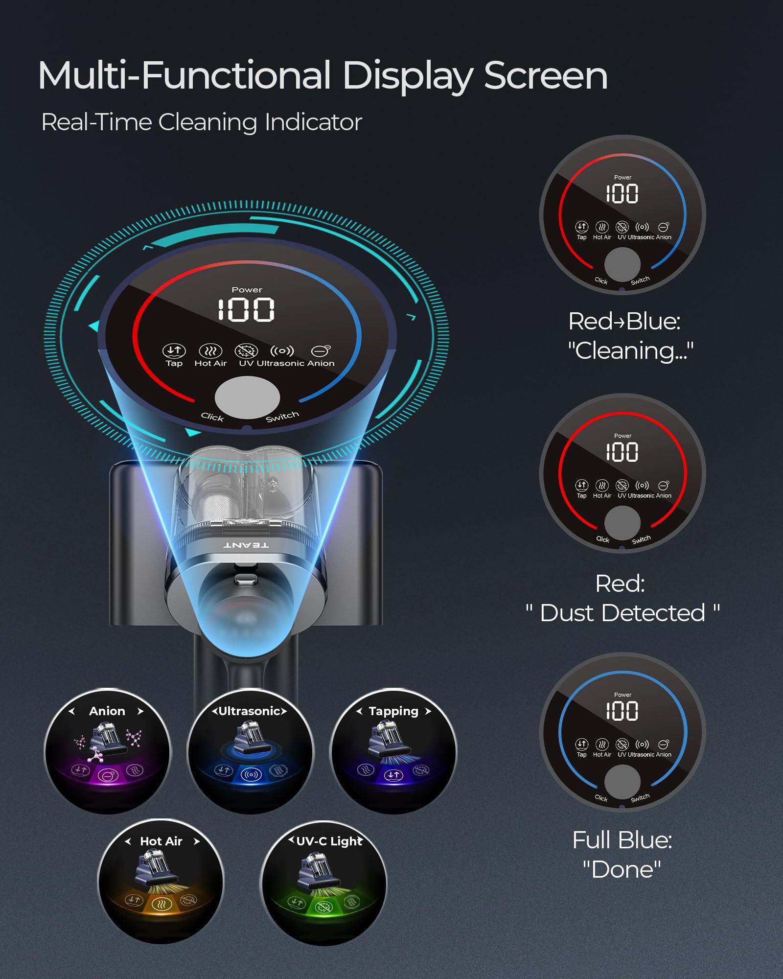 Teant LED cleaning status display keeps you informed during use