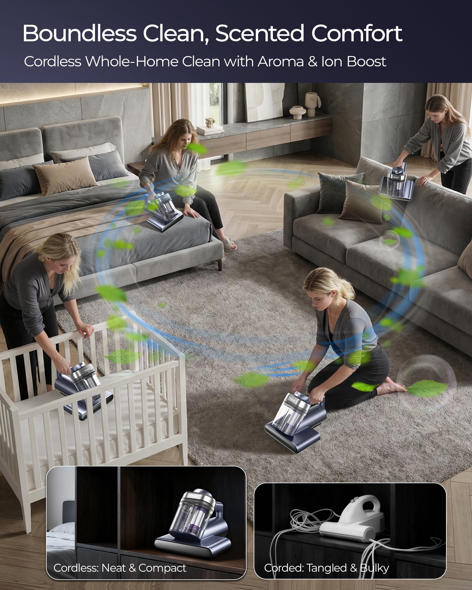 Teant Upgrade cordless mattress vacuum HEPA filtration captures fine dust and hair.