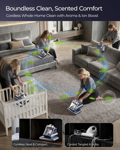 Teant Upgrade cordless mattress vacuum HEPA filtration captures fine dust and hair.