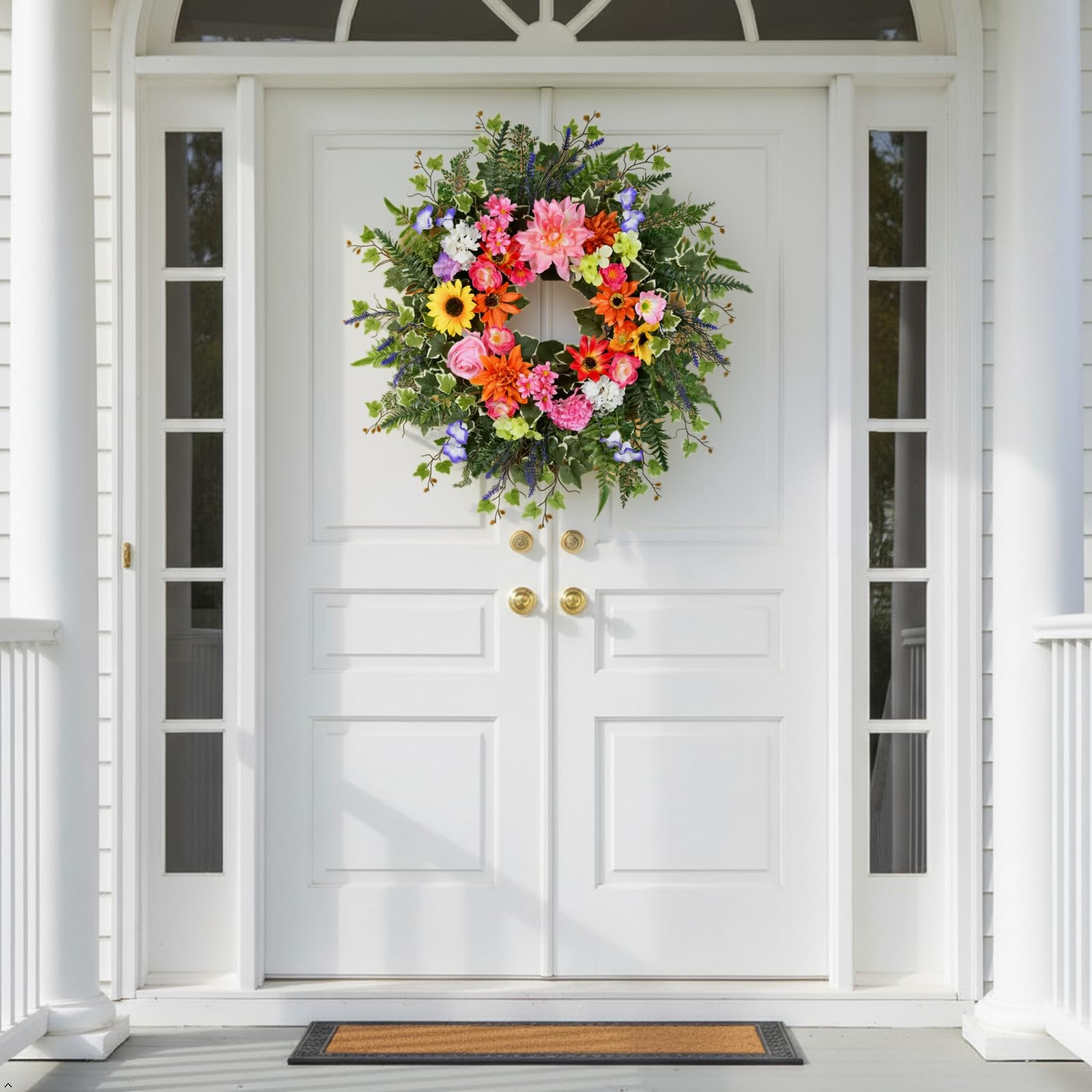 TechKen lush greenery wreath close-up emphasizing fern leaves and ivy for depth.