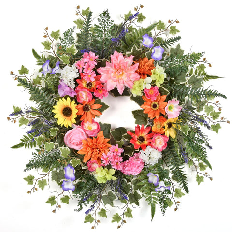 TechKen spring wreath on front door showcases vibrant blooms for welcoming curb appeal.