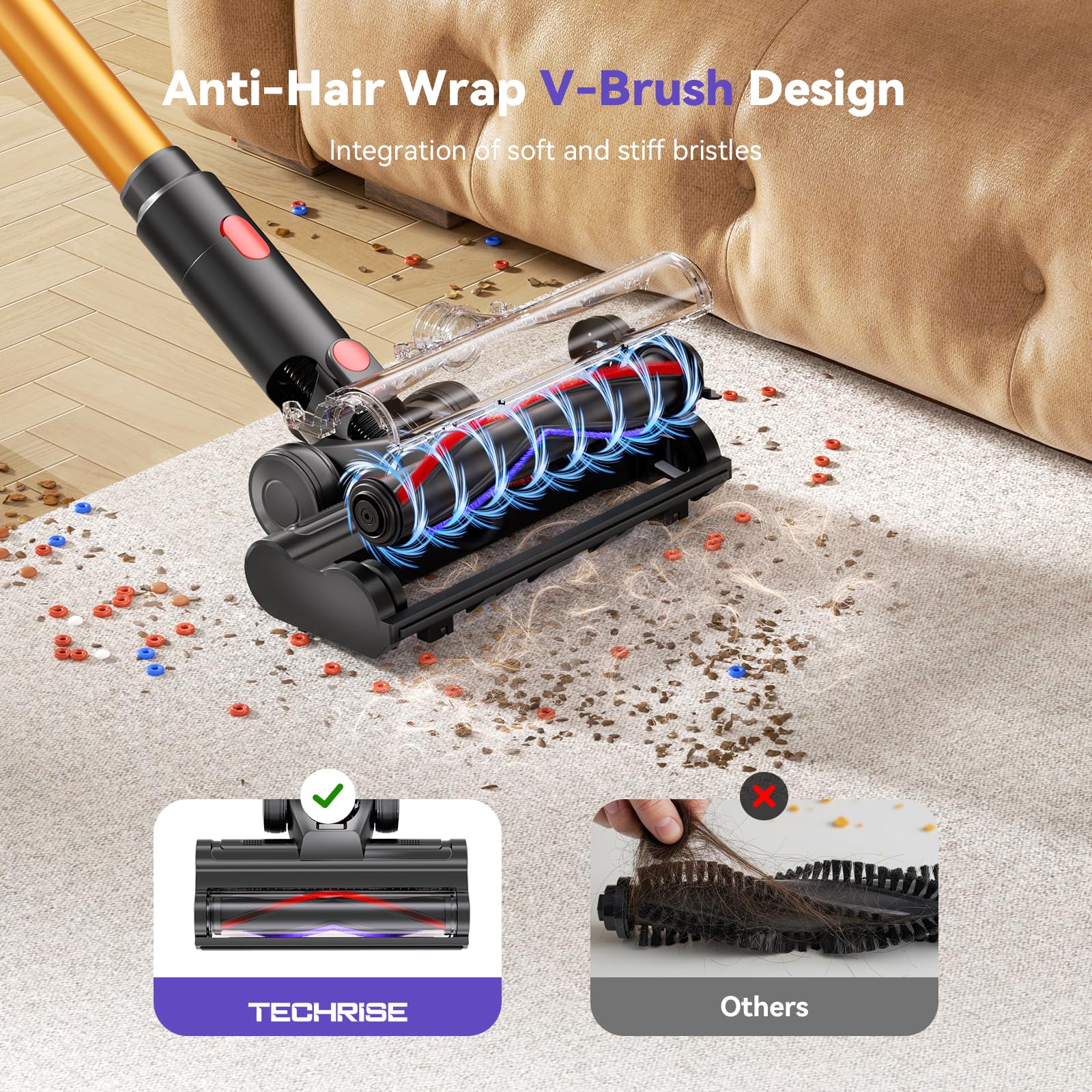 TechRise cordless vacuum with green LED headlight reveals hidden dust under furniture