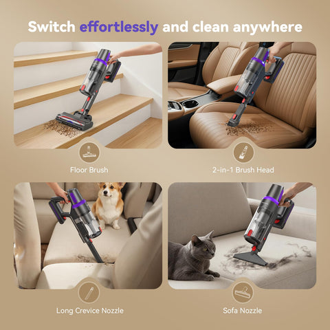TechRise cordless vacuum in use on hardwood floor and carpet surfaces