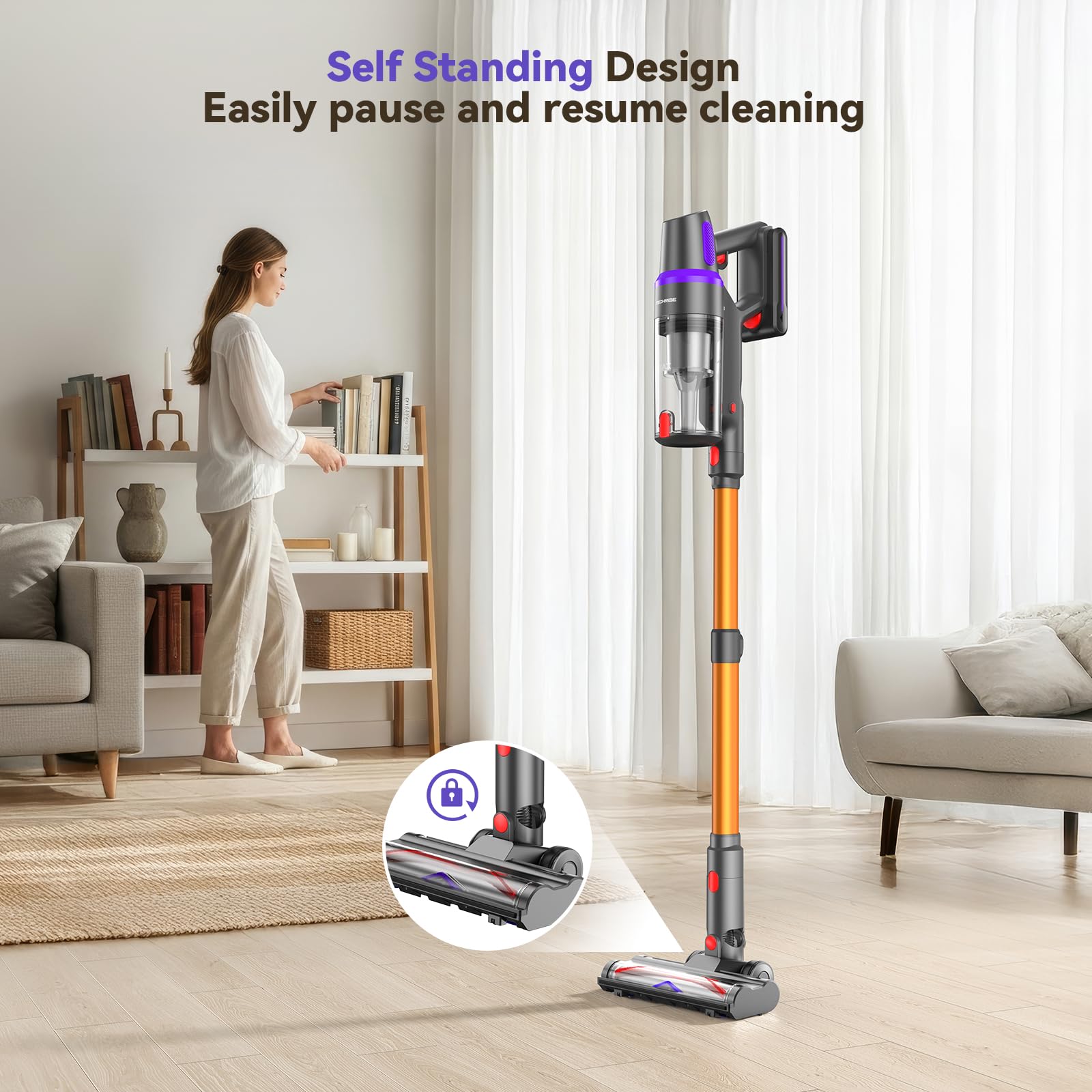 TechRise cordless vacuum self-standing design for easy pause during cleaning