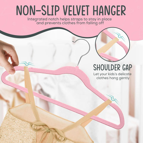 TechZoo 50-pack of pink kids hangers designed for compact, organized wardrobes.