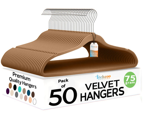 TechZoo 50-pack velvet hangers for organized closet space.