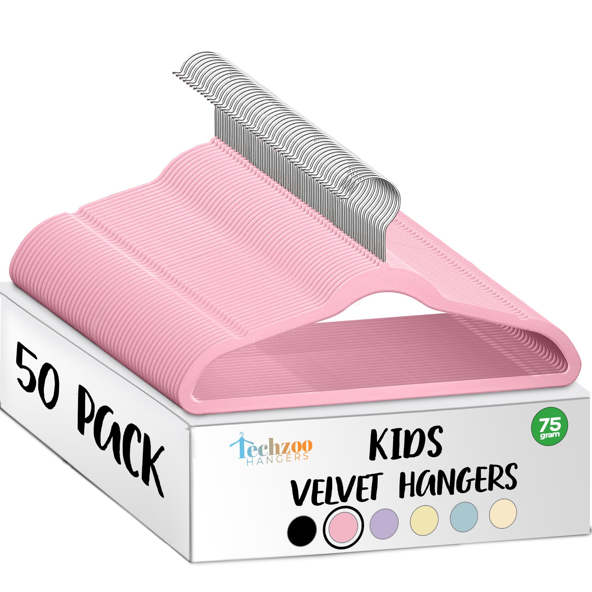 TechZoo 50 premium kids velvet hangers in pink with 360° swivel hook for space-saving organization.