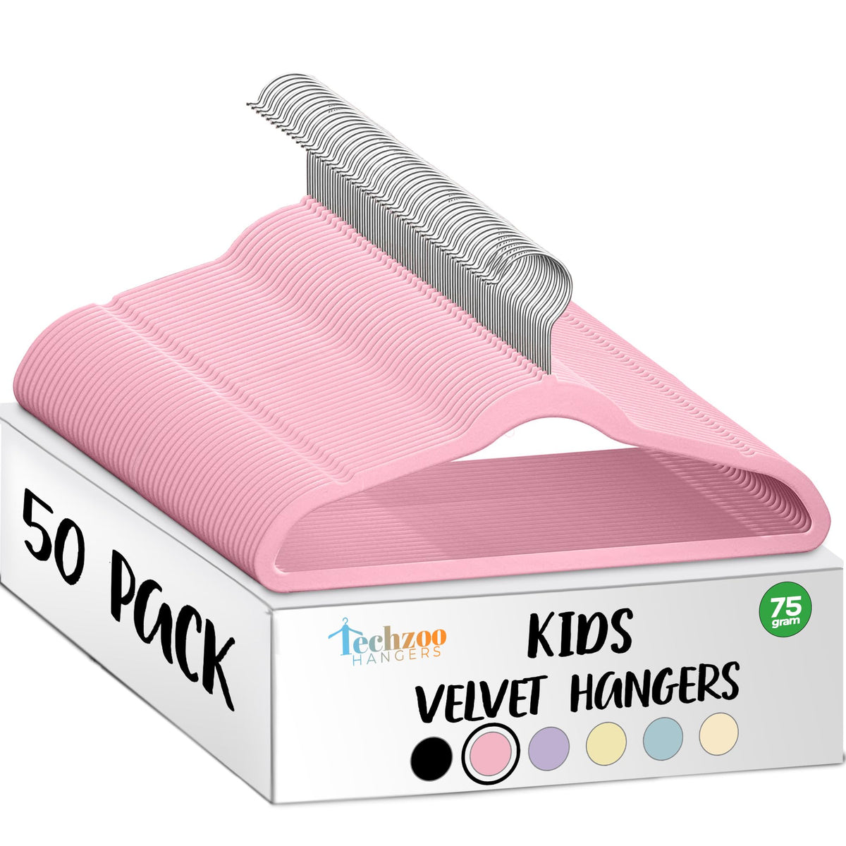 TechZoo 50 premium kids velvet hangers in pink with 360° swivel hook for space-saving organization.