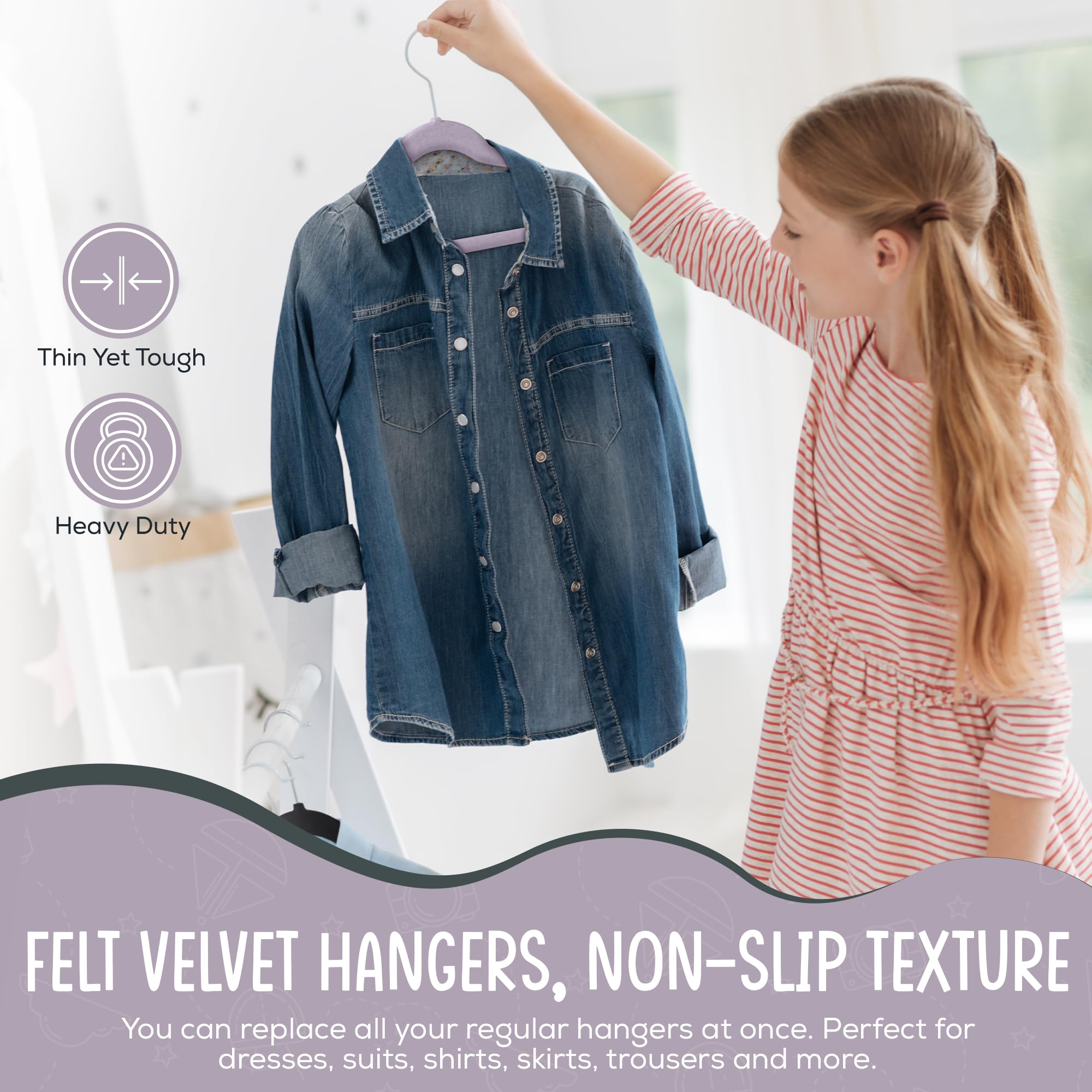 Ultra-slim 14-inch hanger maximizes closet space for children's wardrobes.
