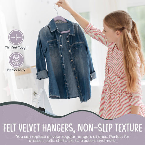 Ultra-slim 14-inch hanger maximizes closet space for children's wardrobes.