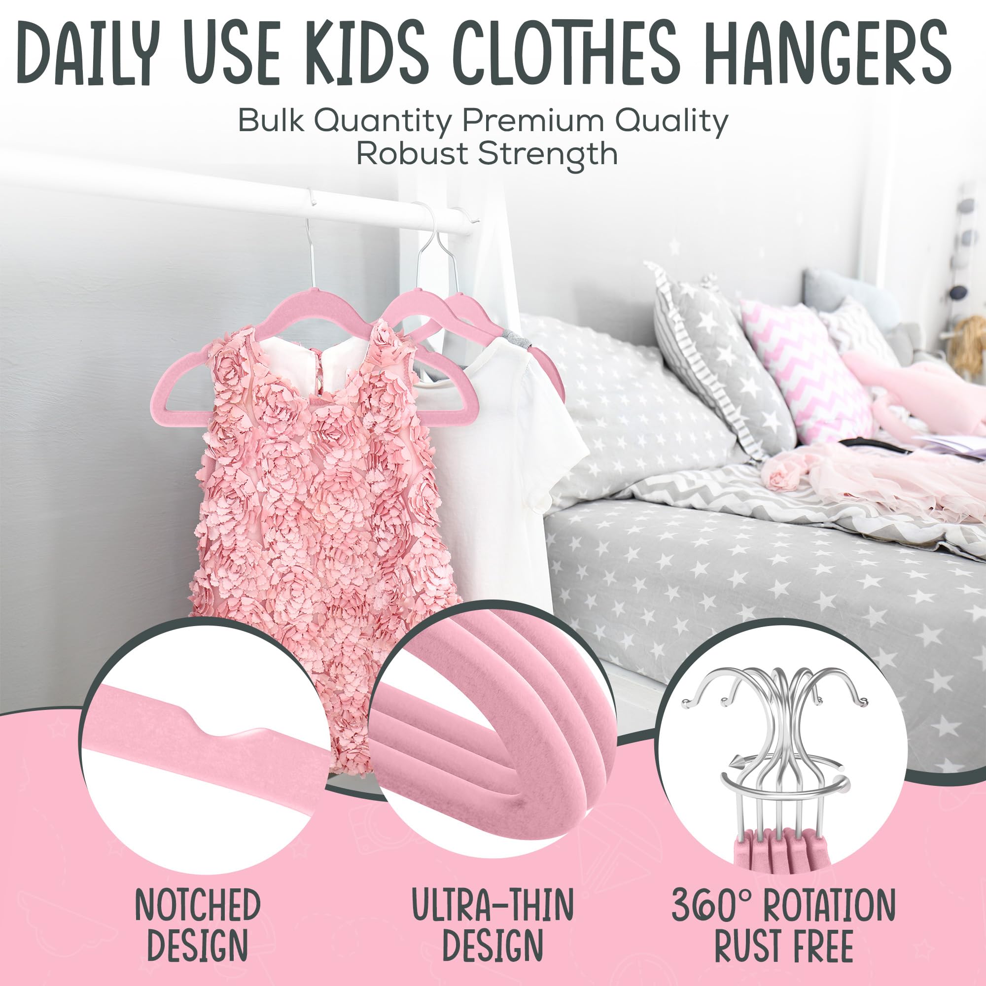 TechZoo ABS-core kids hangers in pink provide durable support up to 7 pounds per hanger.