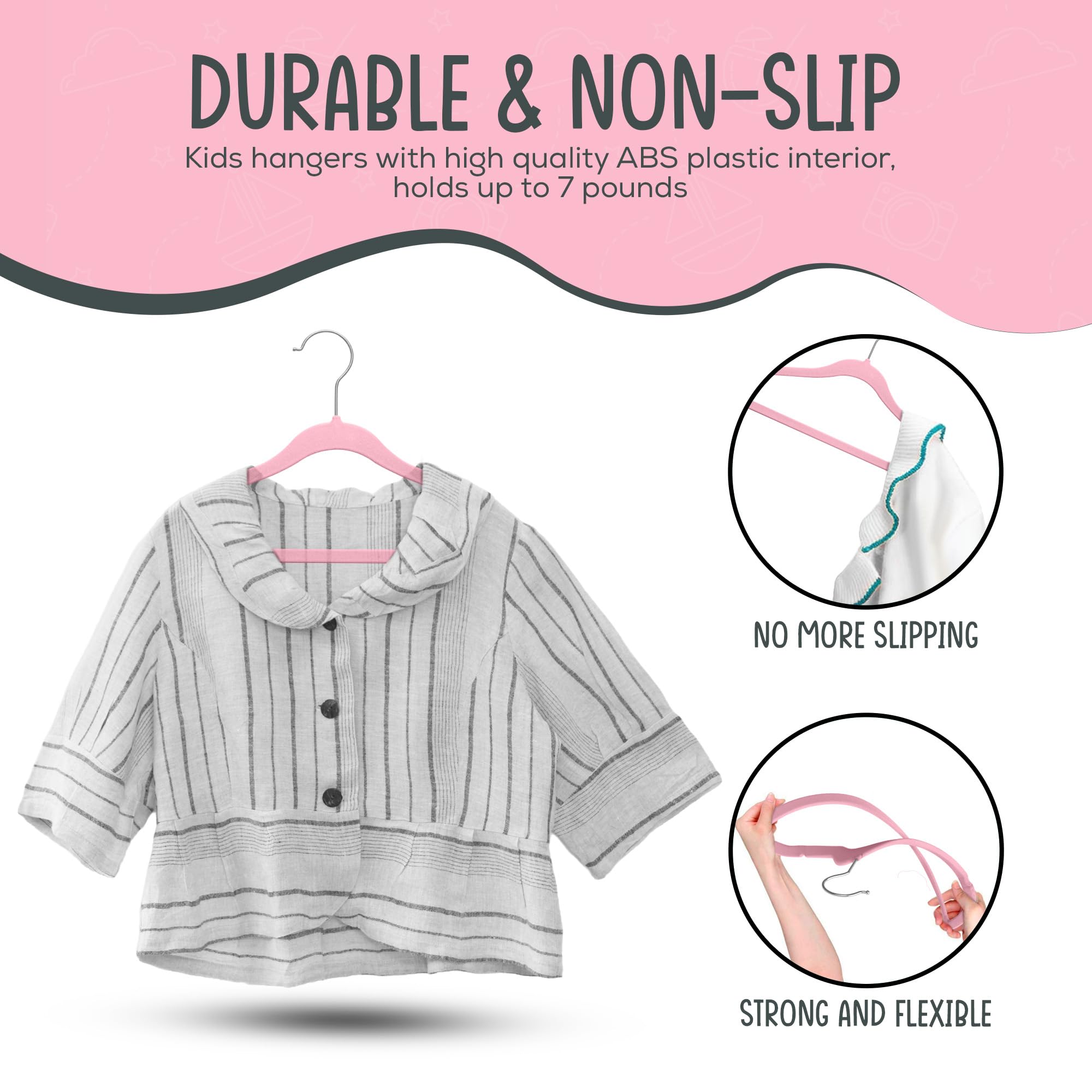 TechZoo versatile pink kids hangers suitable for dresses, shirts, and jackets.