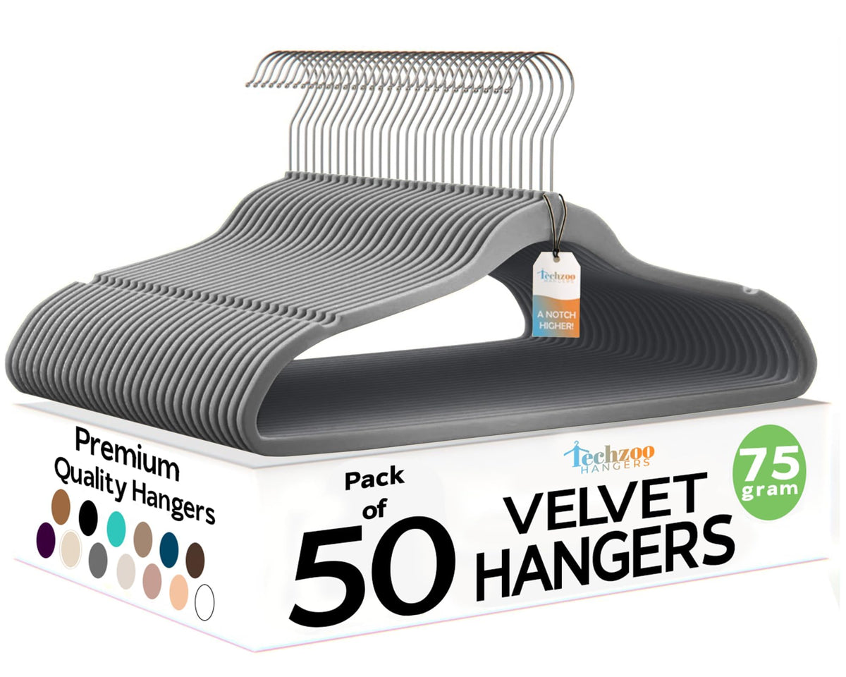 TechZoo velvet hangers with ultra-thin 1/4 inch profile saving closet space