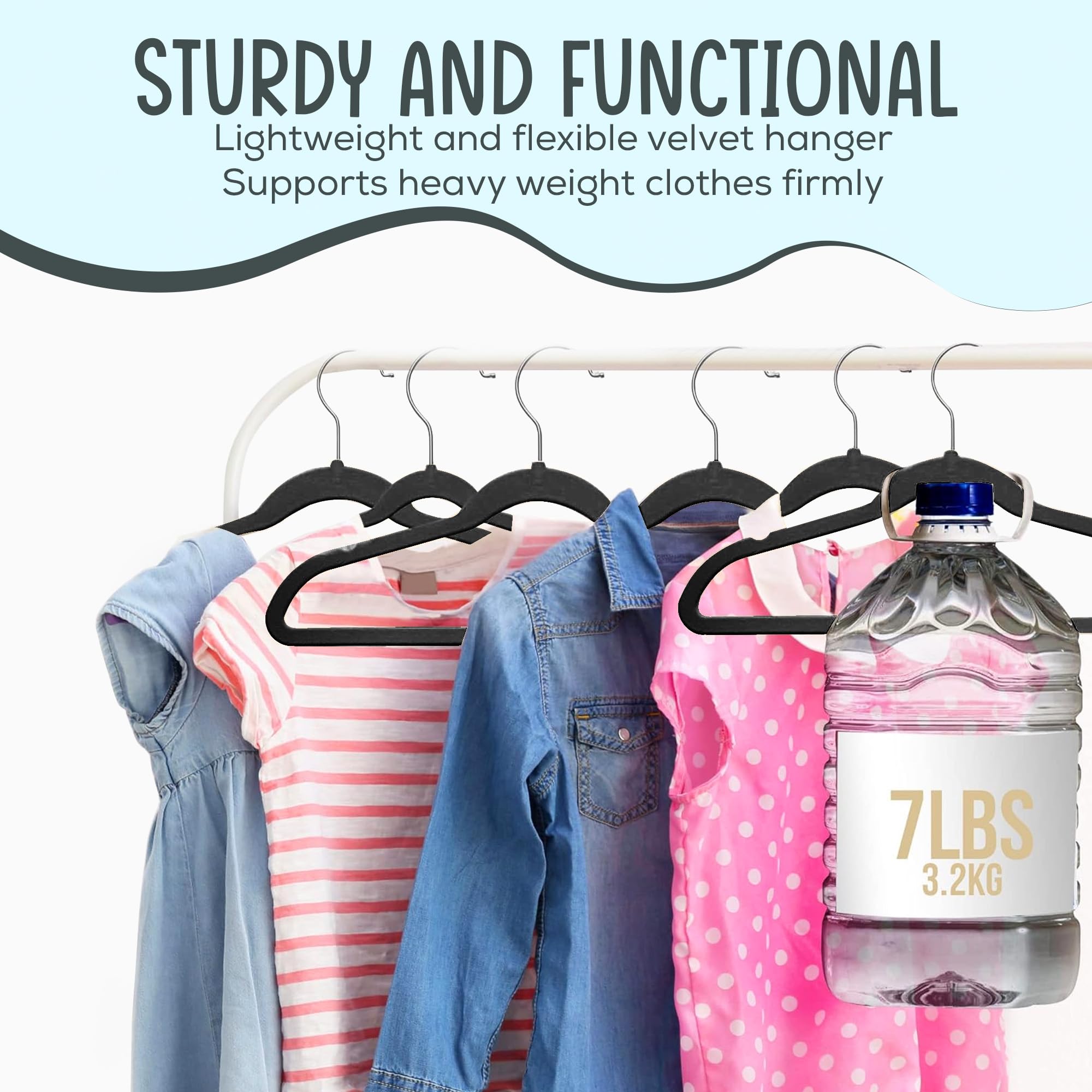 TechZoo versatile velvet hangers suit jackets, shirts, dresses, and pants for kids.