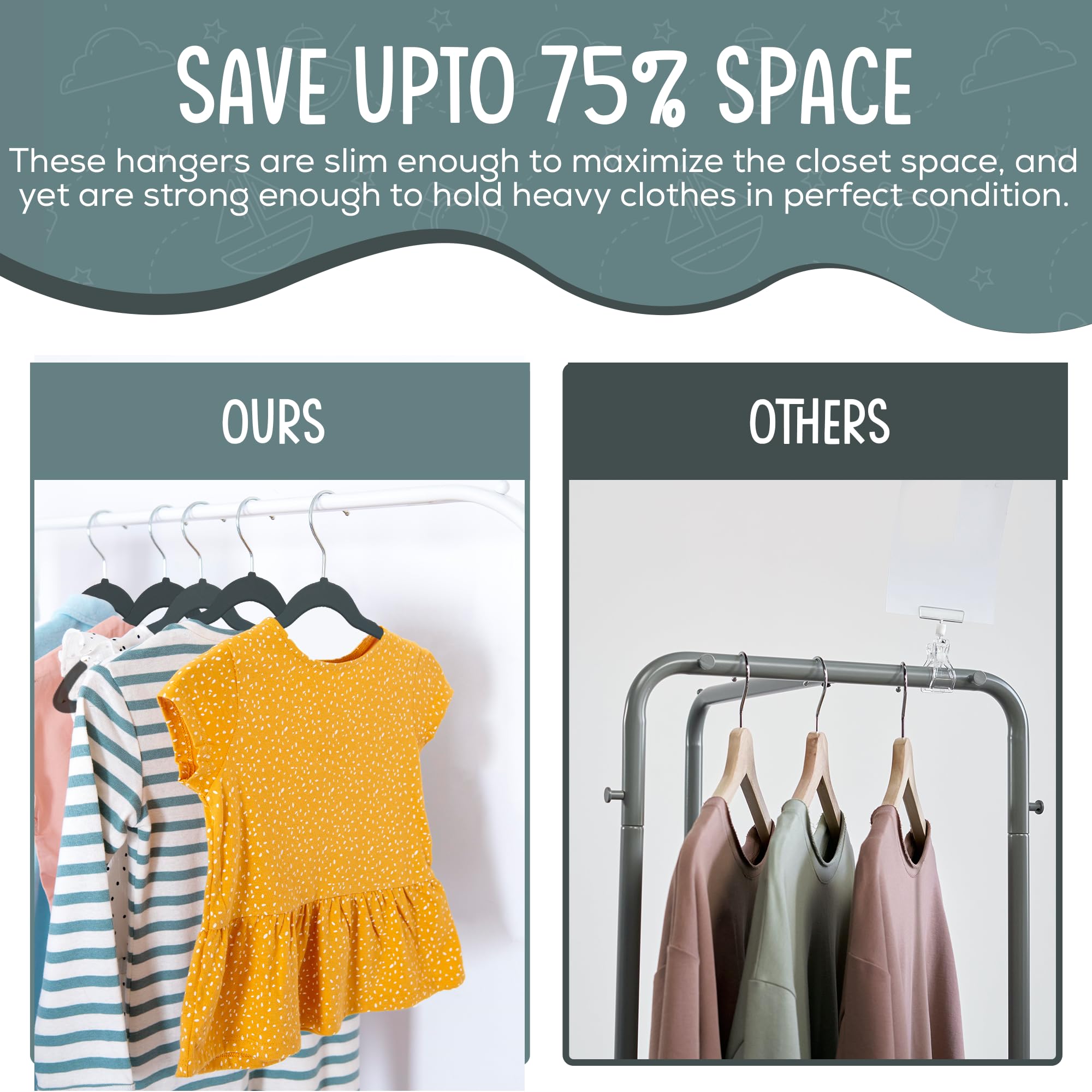 TechZoo ABS-core hangers support up to seven pounds for durable kid clothing.