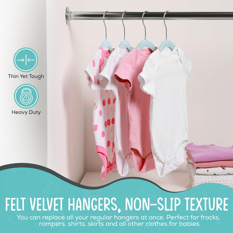 TechZoo ultra-slim baby hanger blue profile saves closet space without sacrificing strength.