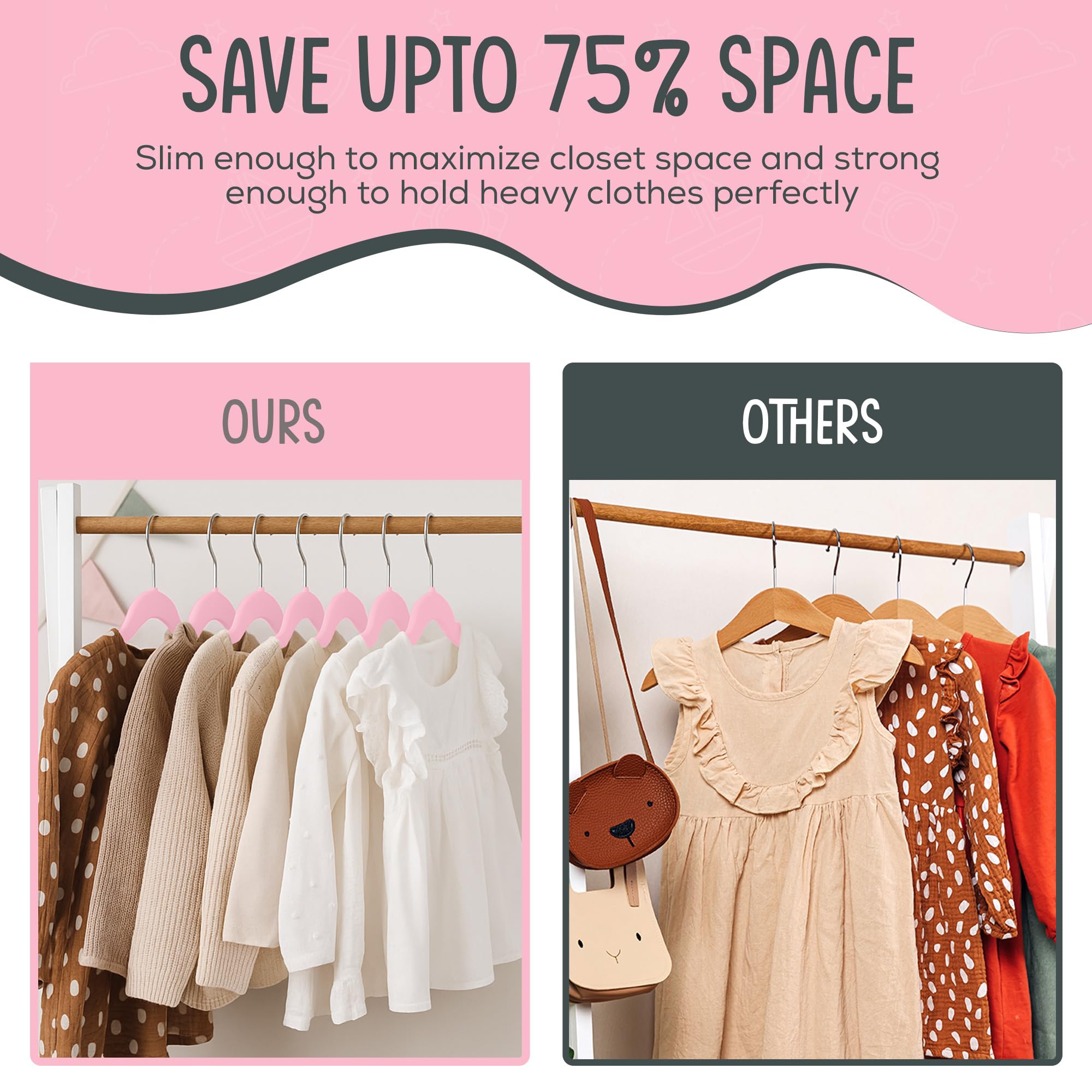 TechZoo ultra-slim 14-inch kids hangers in pink maximize closet space.