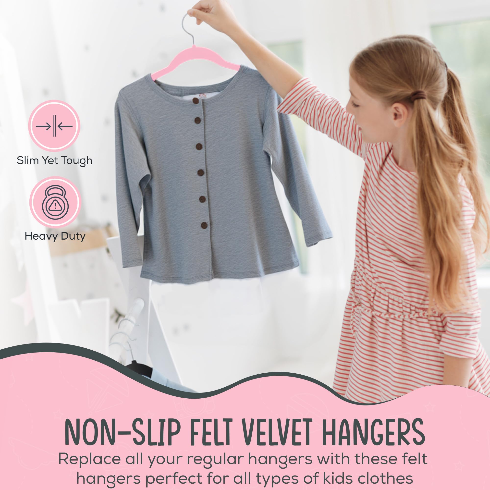 TechZoo velvet coating on kids hangers in pink reduces snagging on fabrics.