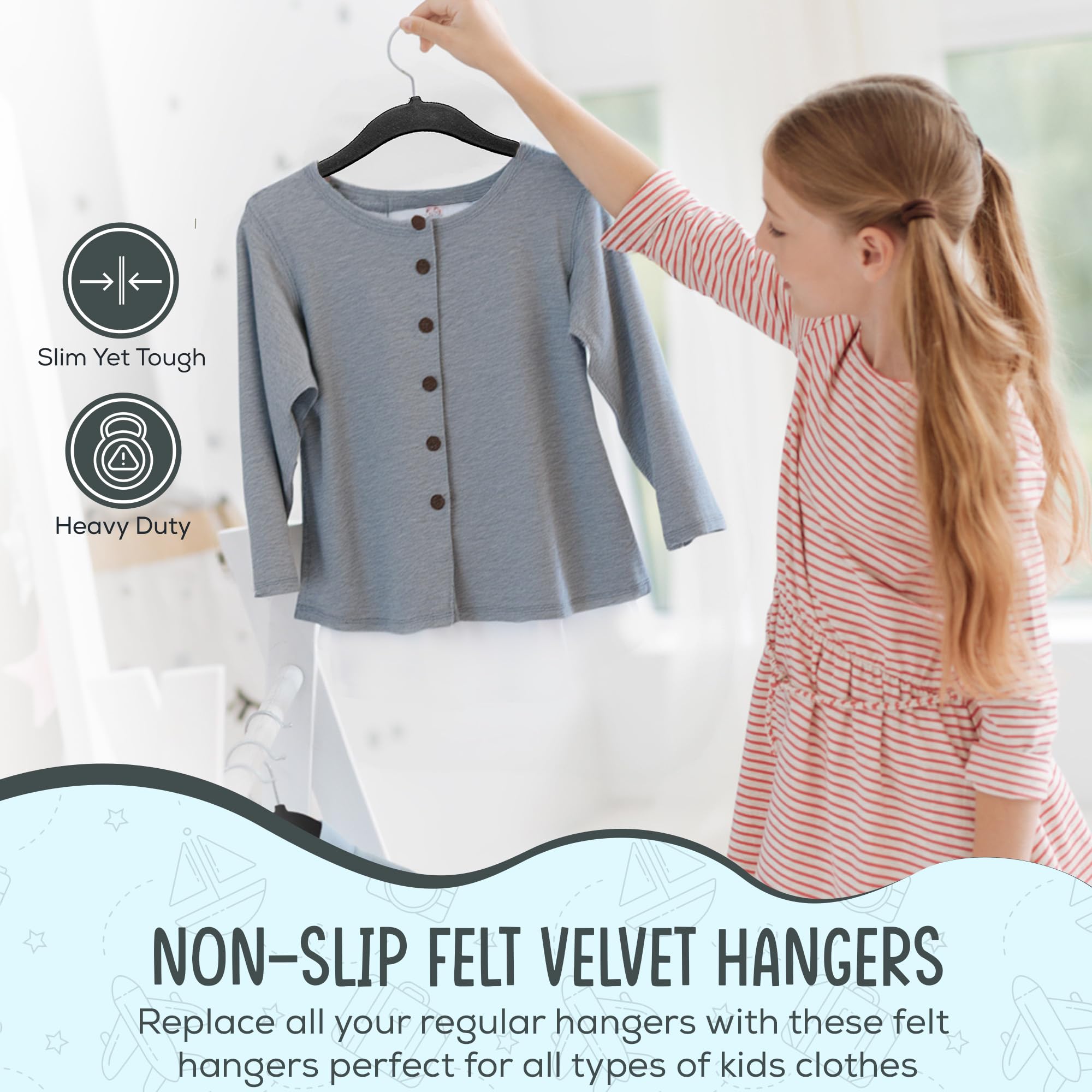 TechZoo Velvet hangers with notched shoulders prevent slipping and maintain garment shape.