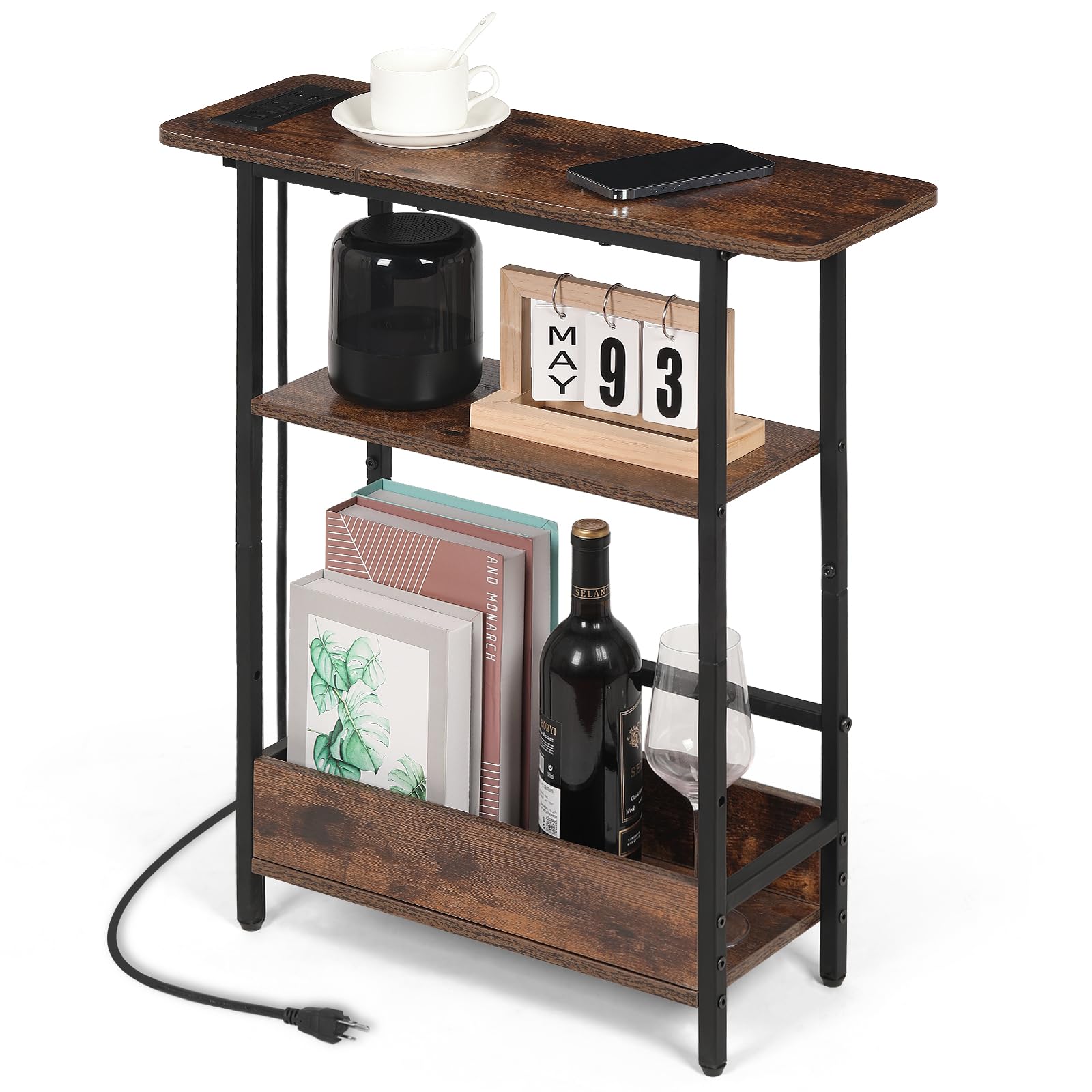 Tedheve narrow side table with charging station powers multiple devices at once.