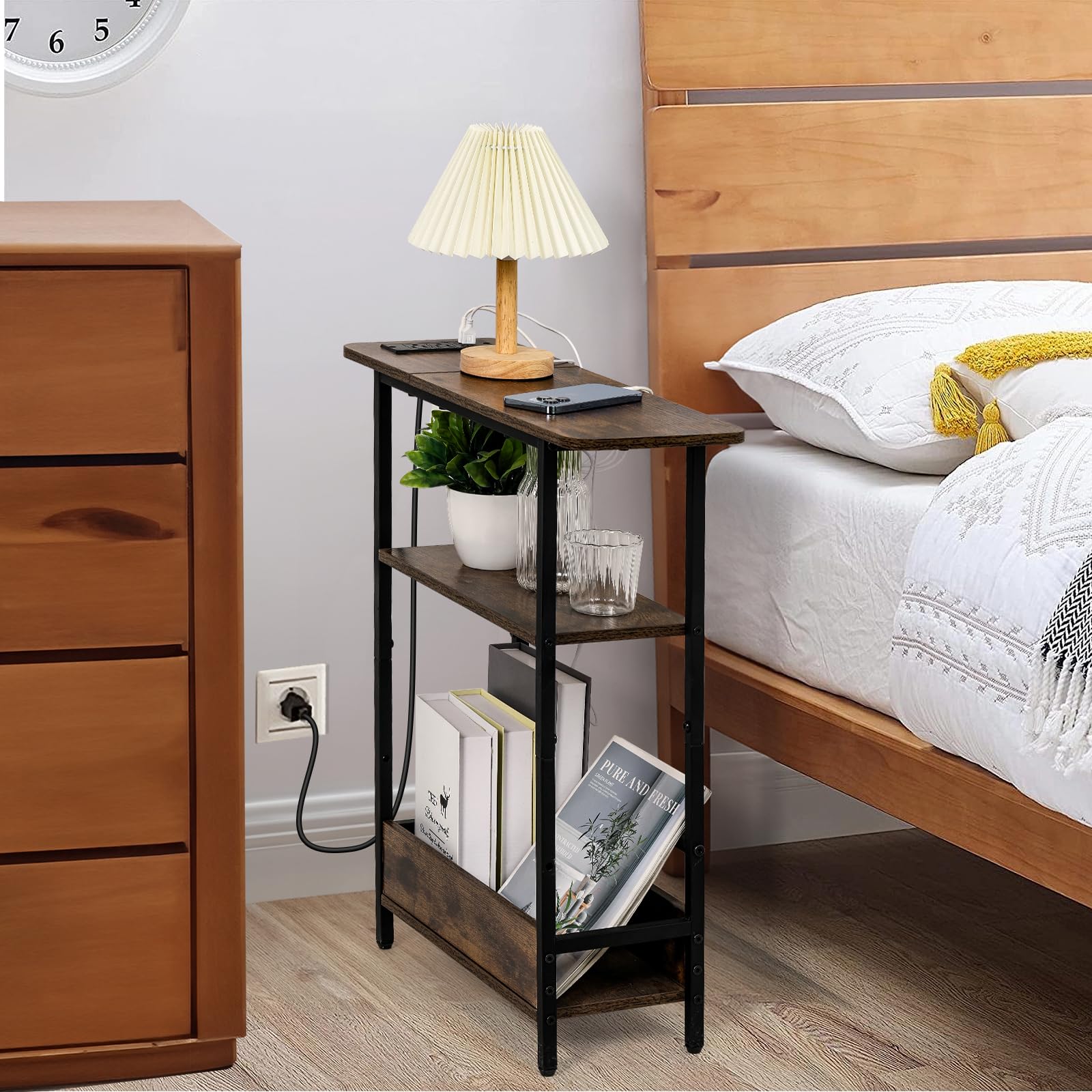 Tedheve side table with open shelves provides quick-access storage.
