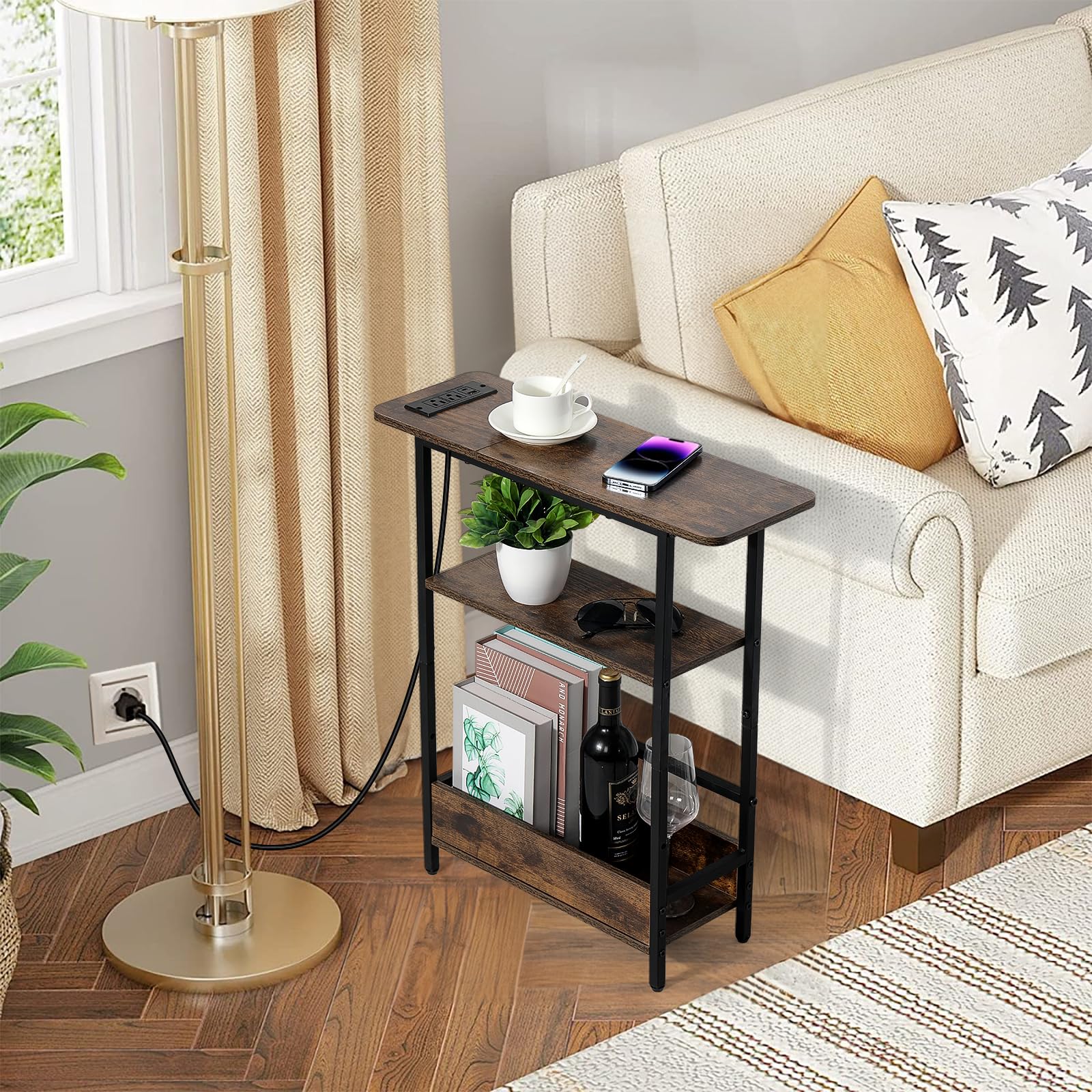 Tedheve slim end table with wood top fits small spaces beautifully.