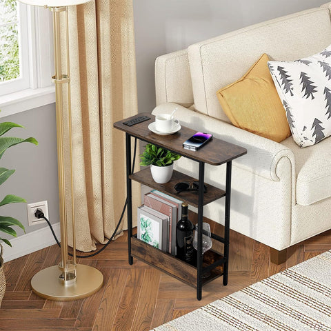Tedheve slim end table with wood top fits small spaces beautifully.