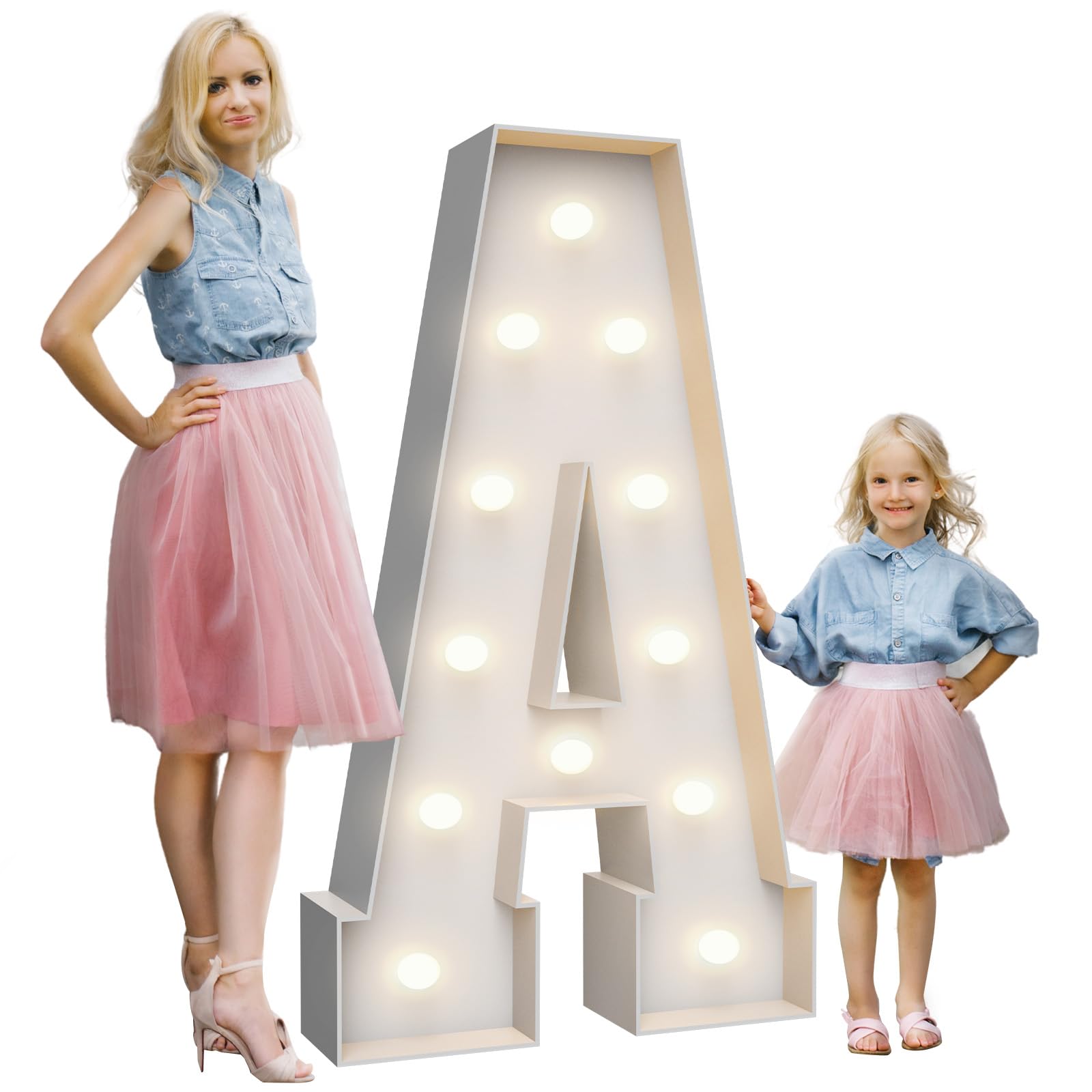 Teebloom 4ft marquee letter A lit adds warm ambiance for events.