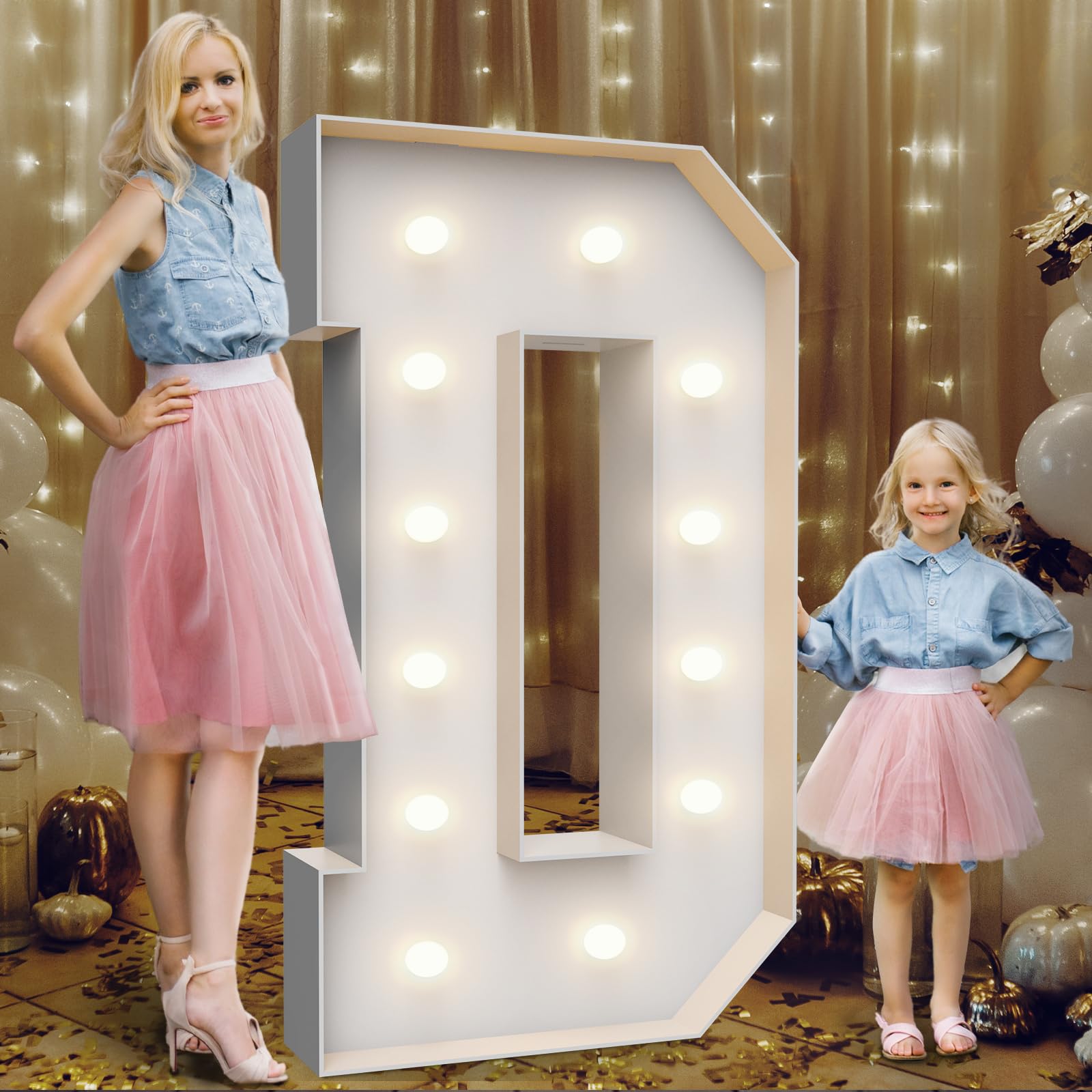 Teebloom 4ft marquee letter D glowing as an outdoor party backdrop