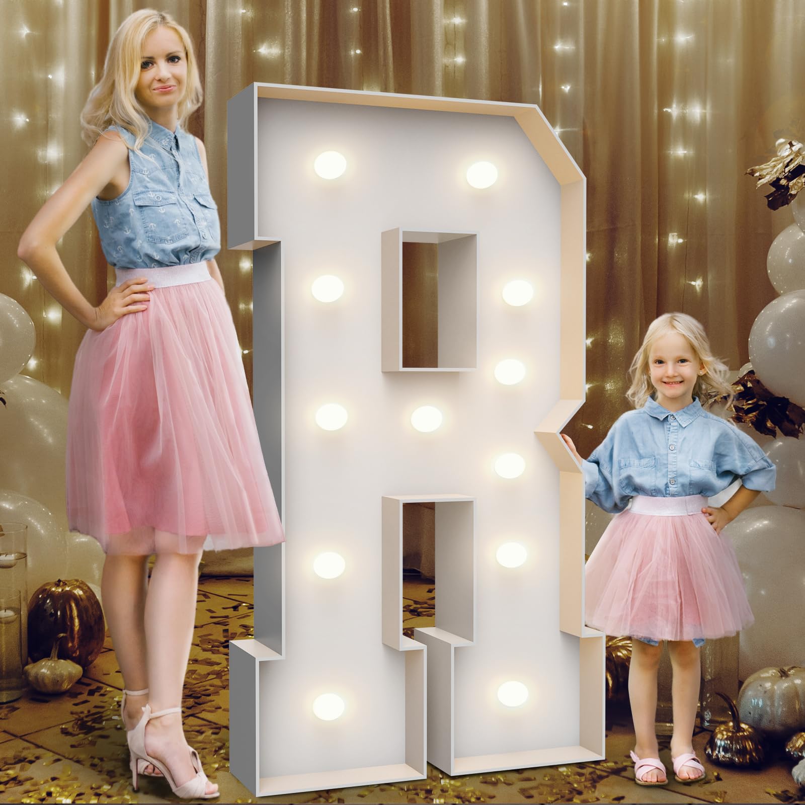 Teebloom 4ft marquee letter R lit for eye-catching party ambiance.