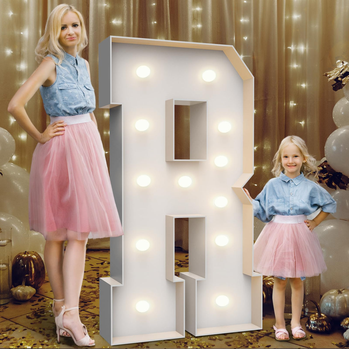 Teebloom 4ft marquee letter R lit for eye-catching party ambiance.